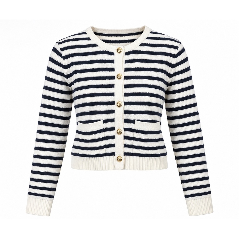 J.Crew 100% Cotton Striped Cropped Cardigan Navy Cream Gold Crest Buttons XS